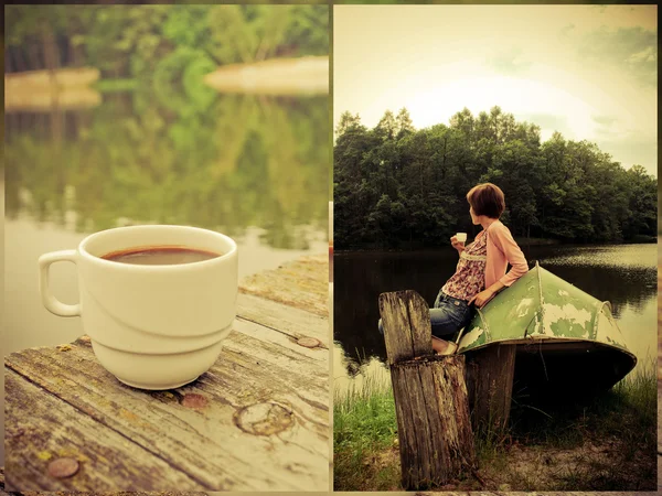 Collage: Mädchen und Kaffee — Stockfoto