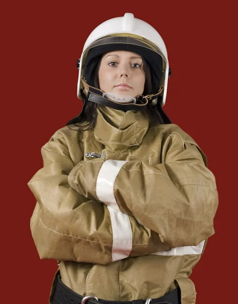 Fille en uniforme de pompier à l'étage — Photo