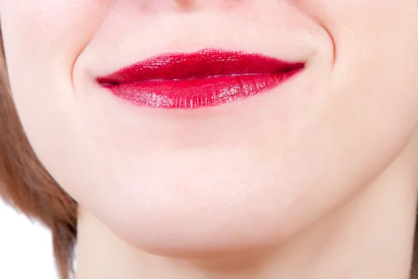 Mulher com lábios com batom vermelho — Fotografia de Stock