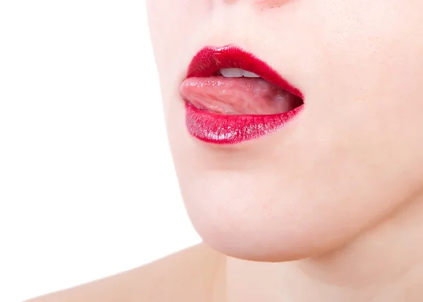 Mujer con labios con lápiz labial rojo —  Fotos de Stock
