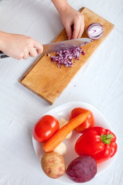 Woman cutting onion on white clipart