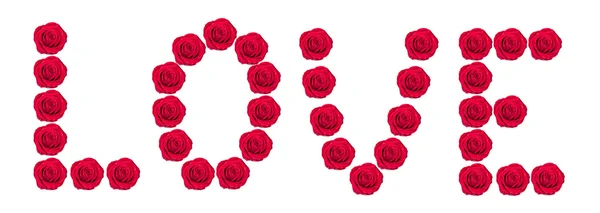 Älska inskription från röda rosenknoppar isolerad på vit — Stockfoto