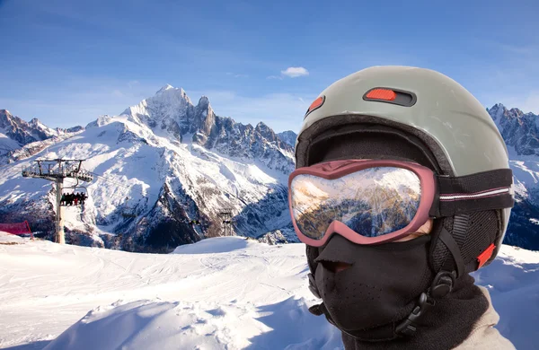 Colagem Com Declive Alpino Esqui Close Capacete — Fotografia de Stock