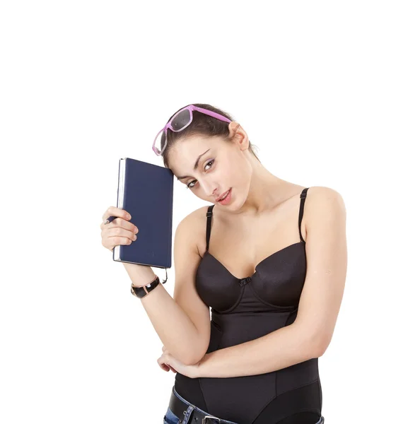 Pretty Young Girl Black Corset Book Pen Glasses Isolated White — Stock Photo, Image