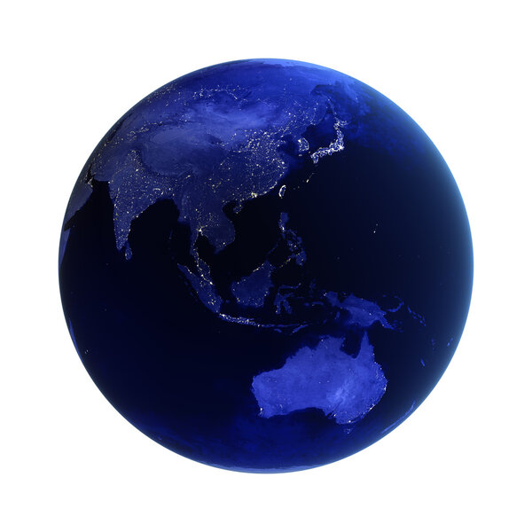 Asia and Australia on white. Maps from NASA imagery