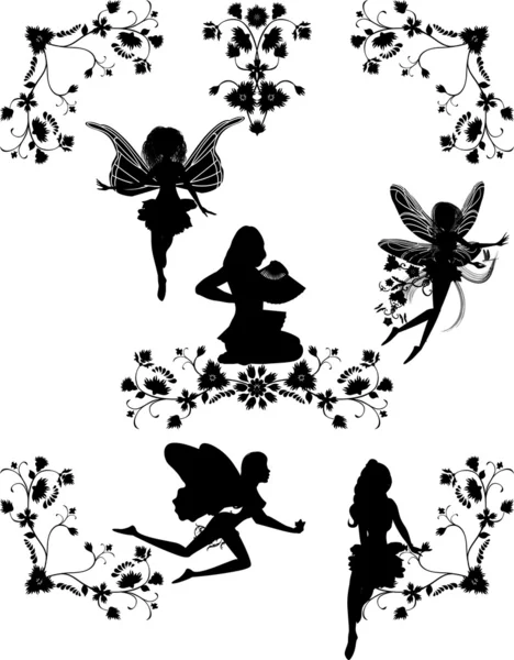 Set of fairies and floral corners — Stock Vector