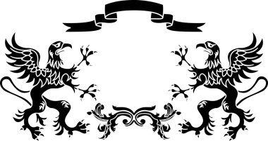 Stencil framework: griffins with a ribbon and a branch clipart