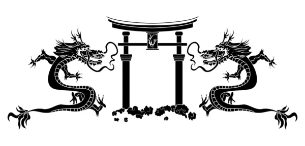 Torii en Aziatische draken stencil — Stockvector
