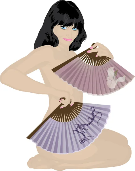 La hermosa morena desnuda con los fans asiáticos — Archivo Imágenes Vectoriales