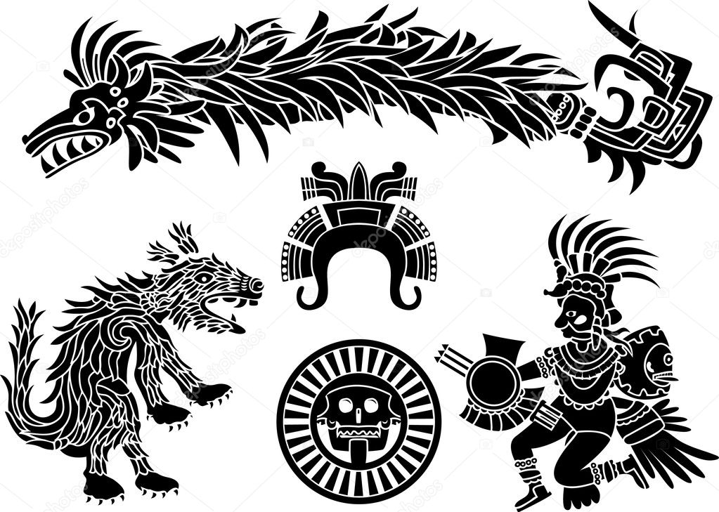 Aztec stecil set: Quetzalkoatl coyote feathery dragon sun of death