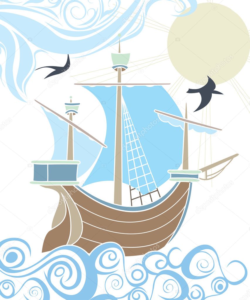 Stencil sailing vessel in the sea