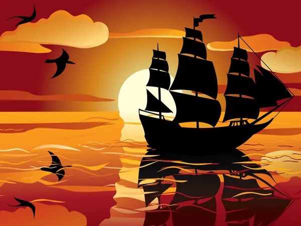日落。帆船 — 图库矢量图片
