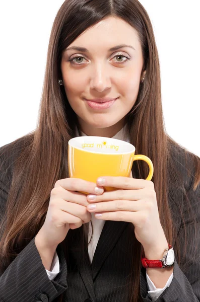 Stock image Portrait of girl in business suit with cup