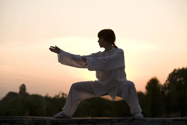 Mujer en traje blanco hace ejercicio taiji chuan —  Fotos de Stock