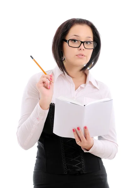 Woman with pencil and book — Stock Photo, Image