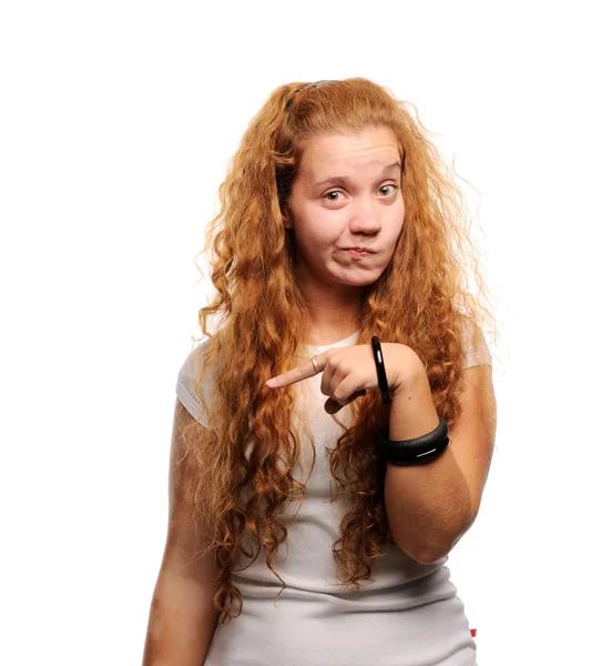 Cute Ginger Girl Pointing Something Wrinkled Face — Stock Photo, Image