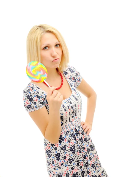 Attraktiva Missnöjda Blondin Med Lollipop Över Vit Bakgrund — Stockfoto