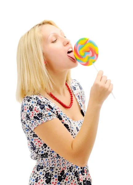 Attractive Blonde Licking Lollipop — Stock Photo, Image