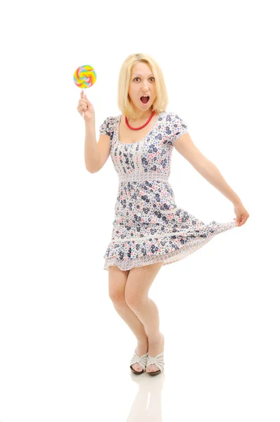 Lolipop Gibi Littile Kız Arıyorum Elbisesini Holding Ile Sarışın Çekici — Stok fotoğraf