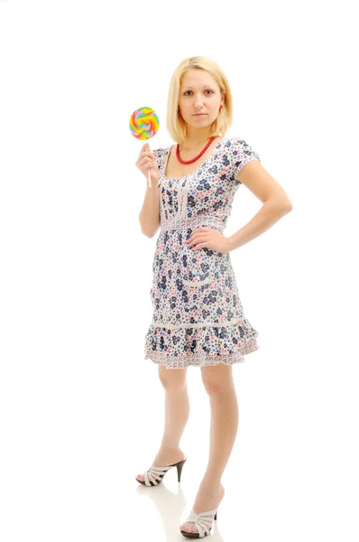 Attractive Blonde Lollipop White Background — Stock Photo, Image