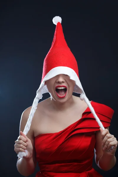 Mulher Feliz Com Chapéu Santa — Fotografia de Stock