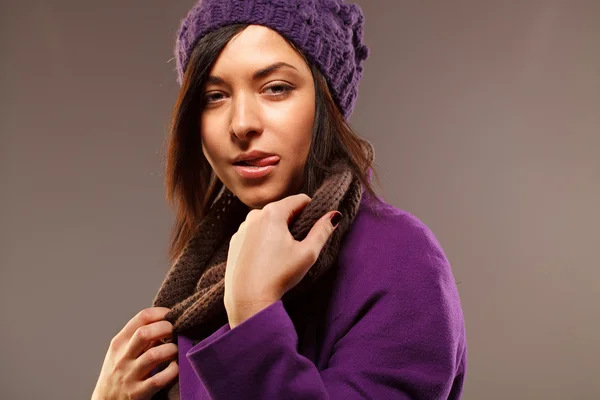 Stylish Beautiful Woman Violet Coat — Stock Photo, Image