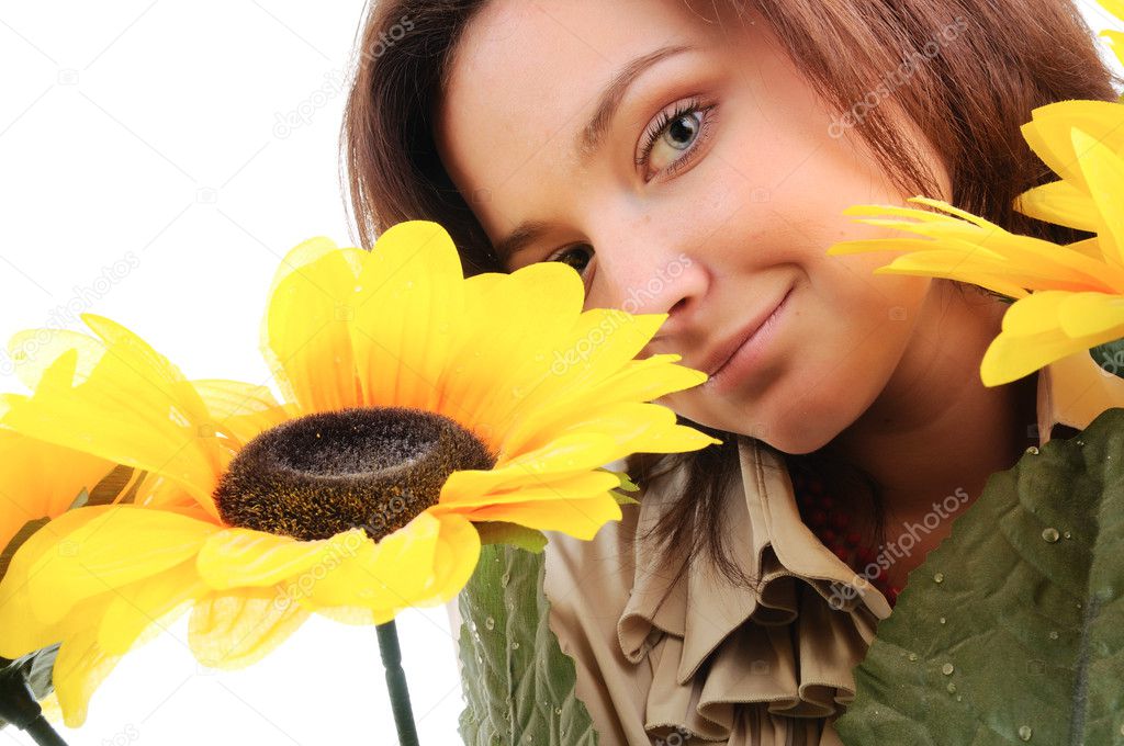 Woman and flower. Isolated over white.