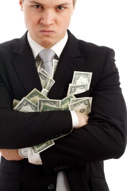 Angry man with many dollars. clipart