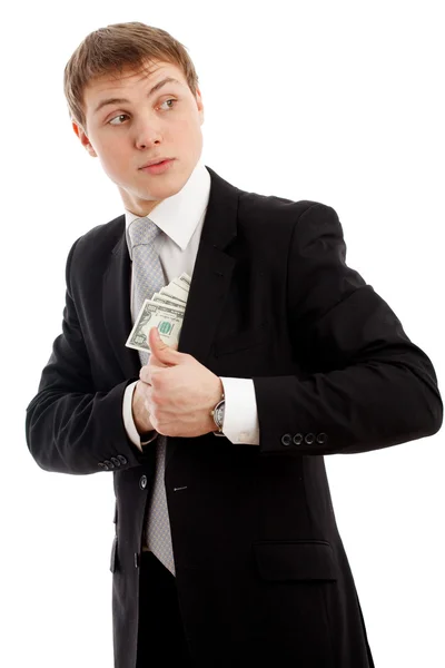 Człowiek w oddania pieniędzy w kieszeni. — Zdjęcie stockowe