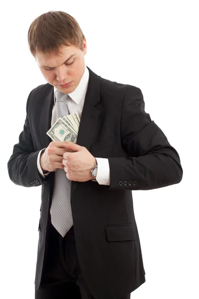 Muž v puttování peníze v kapse. — Stock fotografie