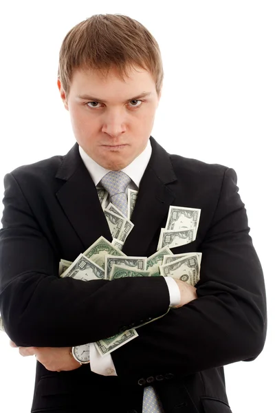 Homem irritado com muitos dólares . — Fotografia de Stock