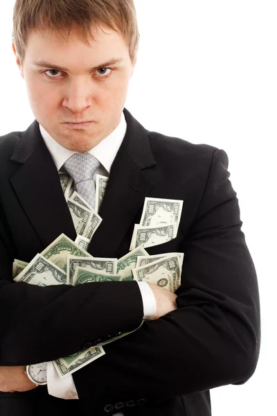 Angry man with many dollars. — Stock Photo, Image