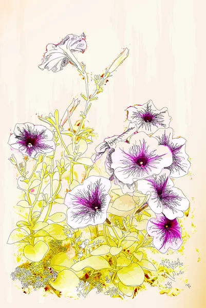 Kwiaty petunii. Chiński styl — Wektor stockowy
