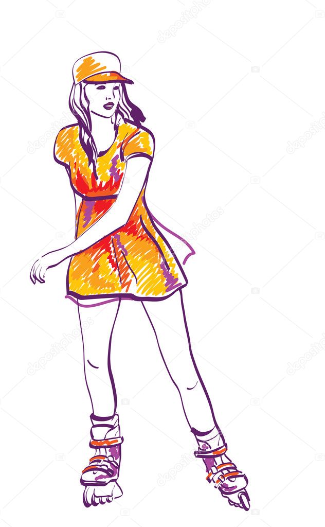 Sketch of rollerskating teenage girl. Hand drawn illustration.