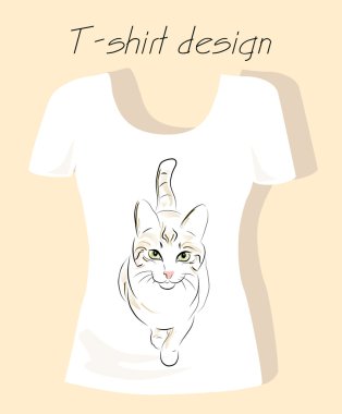 T-shirt design with outline silhouette cat clipart