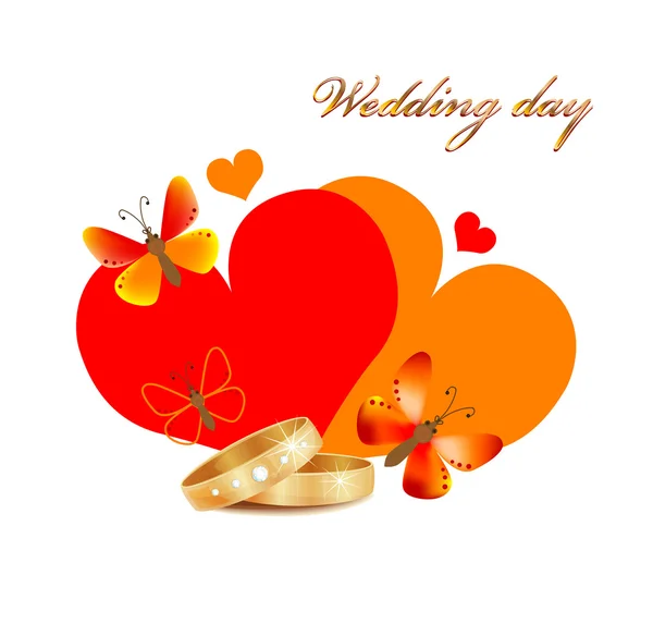 Cartão de casamento com anéis, corações e borboletas — Vetor de Stock