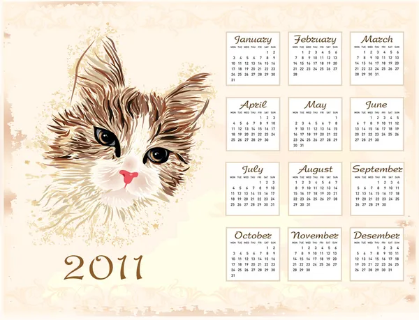 Calendário vintage 2011 com gato —  Vetores de Stock