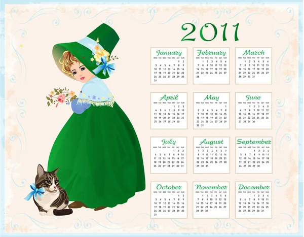 Calendario de estilo vintage 2011 con gato y chica — Vector de stock