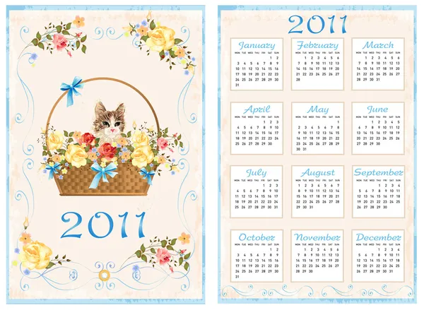 Calendario de bolsillo vintage 2011 con gato sentado en la cesta. 70 — Vector de stock