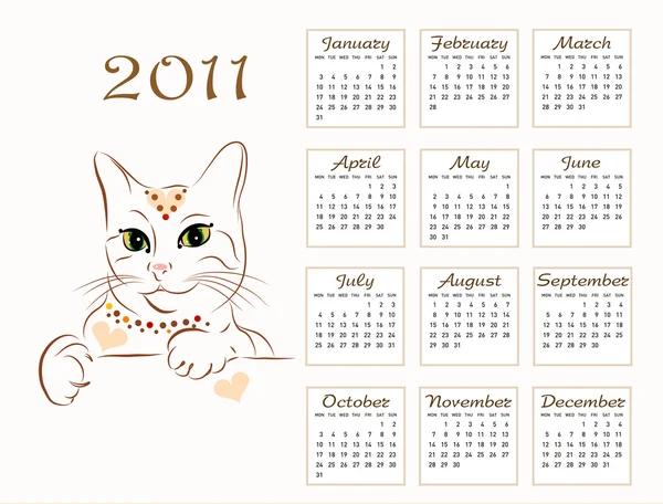 Diseño del calendario 2011 con gato glamour — Vector de stock