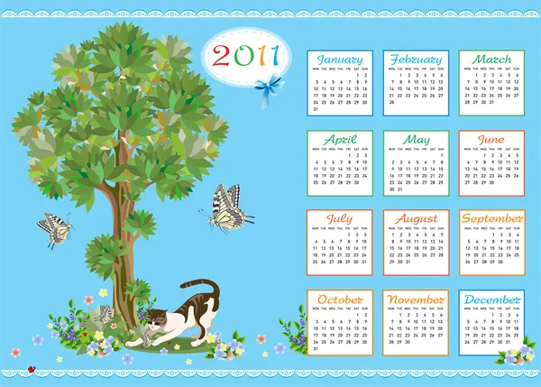 Kinderkalender 2011 mit Kätzchen und Schmetterlingen — Stockvektor