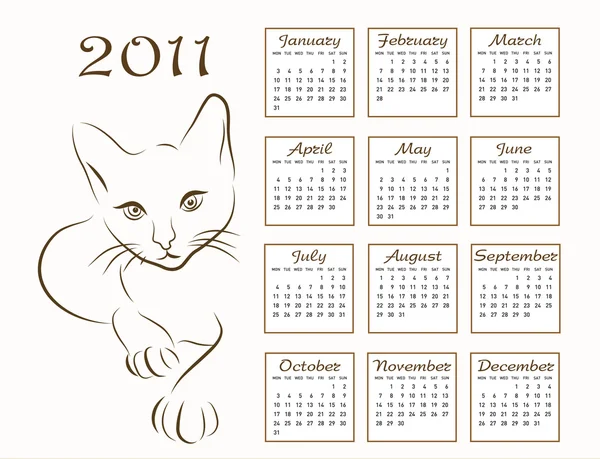Diseño del calendario 2011 con contorno gato — Vector de stock