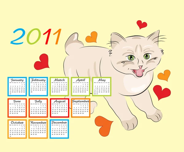 Childish calendar 2011 with funny kitten — Stock Vector
