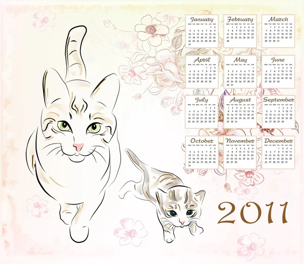 Kalender 2011 met kat en kitten — Stockvector