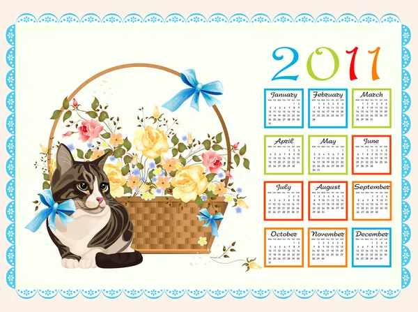 Calendario 2011 con gatto e rose — Vettoriale Stock