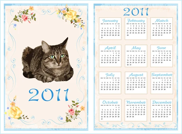 Jahrgangs-Taschenkalender 2011 mit Katze. 70 x 105 mm — Stockvektor