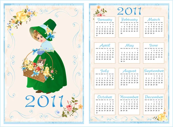 Calendario de bolsillo vintage 2011 con chica y gato. 70 x 105 mm — Vector de stock