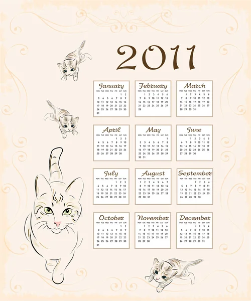 Calendar 2011 with cat and kittens — Stock Vector