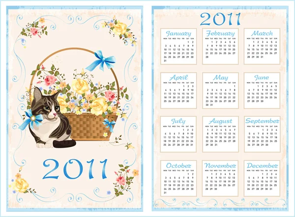 Calendario de bolsillo vintage 2011 con gato. 70 x 105 mm — Vector de stock
