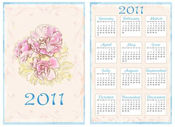 Rocznika kieszonkowy kalendarz 2011 z róż. 70 x 105 mm — Wektor stockowy